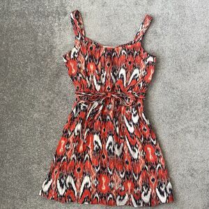 Banana Republic Dress Womens 4P Petite Orange Blue Abstract Lined Belted Tank